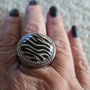 Zebra Pattern Bold Silver Tone Silver Ring With Black Enamel Stripes